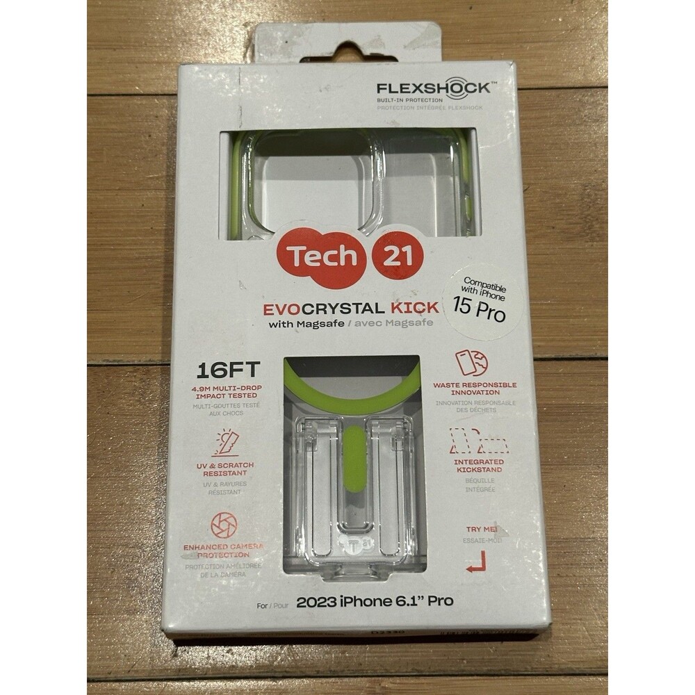 Tech 21 Evo Crystal Kick W/Magsafe Clear/Green iPhone 15 Pro 6.1”